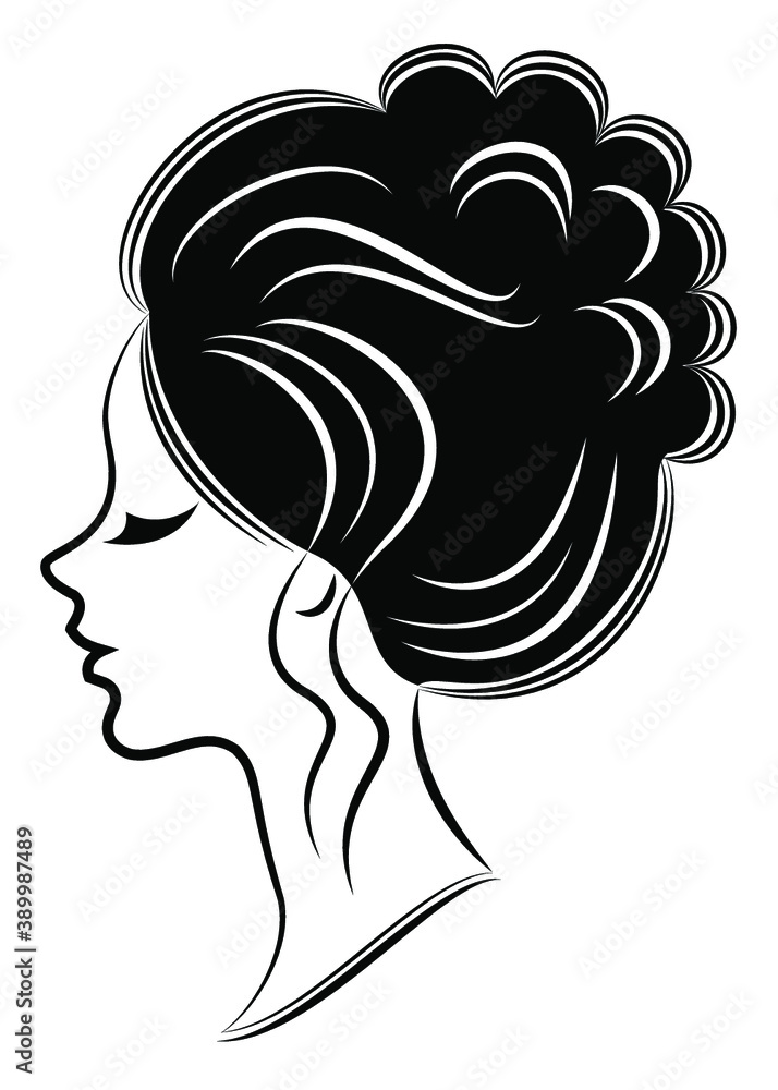 Silhouette of a profile of a sweet lady's head. The girl shows a female hairstyle on medium and long hair. Suitable for logo, advertising. Vector illustration. Silhouette of a profile of a sweet lady's head. The girl shows a female hairstyle on medium and long hair. Suitable for logo, advertising. Vector illustration.