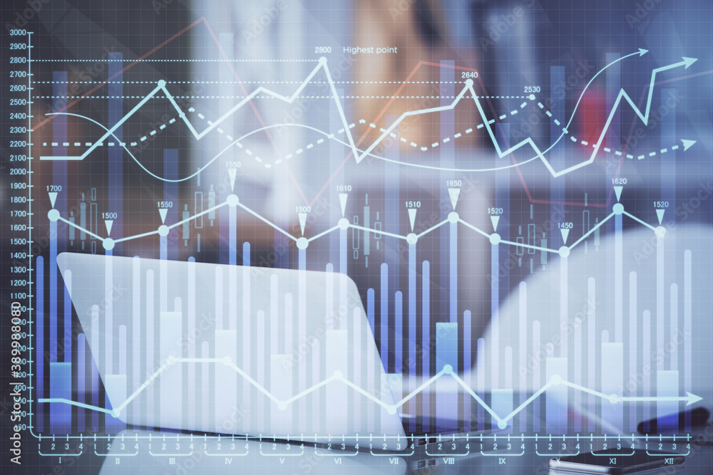 Stock market graph and table with computer background. Multi exposure. Concept of financial analysis. Stock market graph and table with computer background. Multi exposure. Concept of financial analysis.