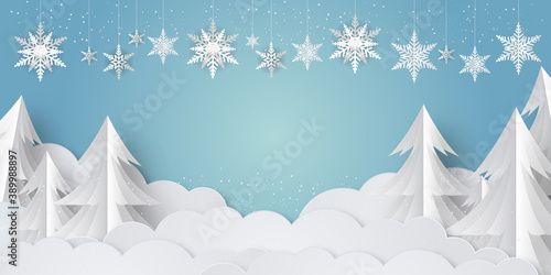 Christmas Composition with fir branches, christmas baubles and snowflakes on a colorful abstract background. Top view vector illustration. 