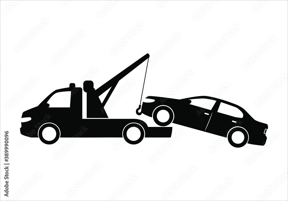 Tow truck city road assistance service evacuator. Parking violation. Road sign - no Parking. Sign of a tow truck. Vector illustration