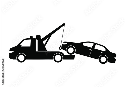 Tow truck city road assistance service evacuator. Parking violation. Road sign - no Parking. Sign of a tow truck. Vector illustration