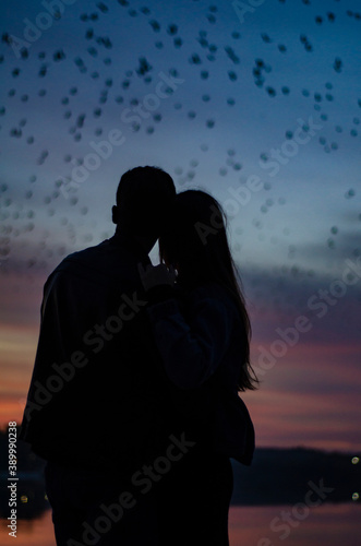 silhouette of a couple kissing at sunset