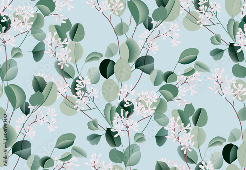 Eucalyptus watercolor leaf seamless pattern, evergreen plant, botanical illustration, dollar silver flower. Blue green wedding texture. Tropical bouquet. Boho design