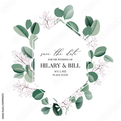 Wedding invitation card watercolor  eucalyptus leaves, floral  border, leaves frame. Evergreen watercolour  greenery  floral wreath, plant background design. Succulent background texture