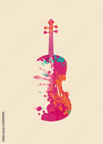 Creative bright musical illustration. Vector design of an abstract violin in the form of multi colored paint spots and splashes on a light background in retro style photo