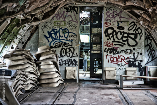 This unique photo shows the inside of a Boeing 747 also called Jumbo in an aircraft graveyard in Bangkok.- Thailand the aircraft is already rotten