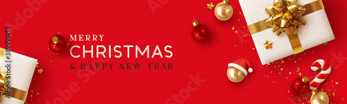 Christmas banner. Background Xmas design of realistic white gifts box, 3d cane candy cookie, red bauble balls, golden glitter confetti. Horizontal christmas poster, greeting card, headers for website
