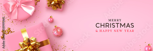 Christmas banner. Background Xmas design of realistic pink gift box, golden 3d render snowflake and glitter gold confetti, bauble ball. Horizontal christmas poster, greeting card, headers for website