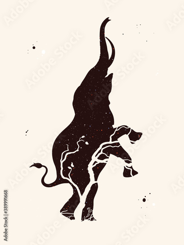 Elephant silhouette. Abstract animal shape. Night starry sky