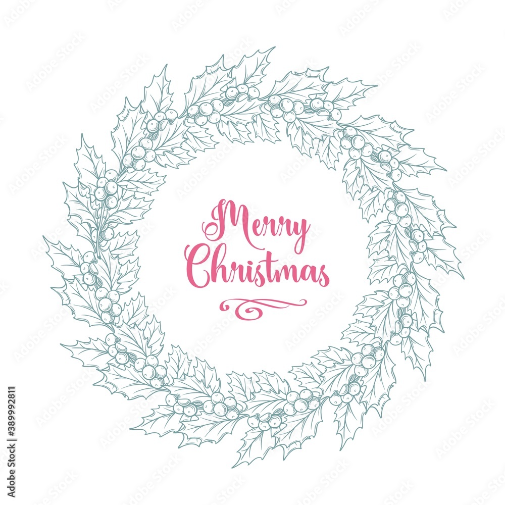 Christmas Holly wreath with the lettering, vector hand-drawn illustration