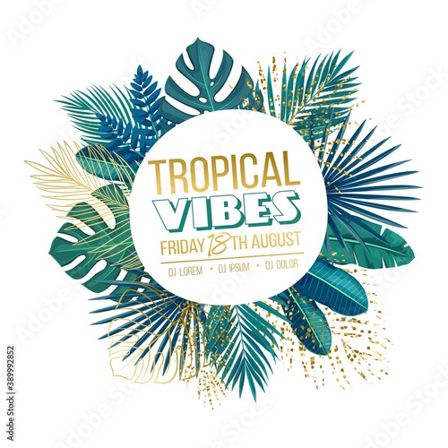 Tropical circle frame consisting of jungle golden leaves and green foliage with text, vector illustration