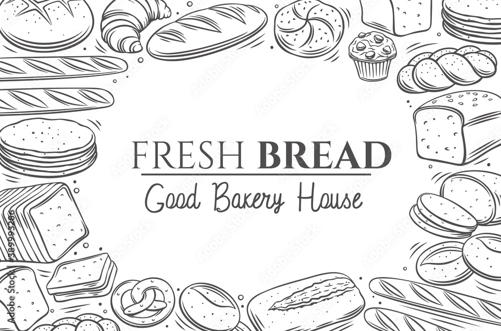Bread products layout, monochrome outline vector illustration with lettering for bakery menu