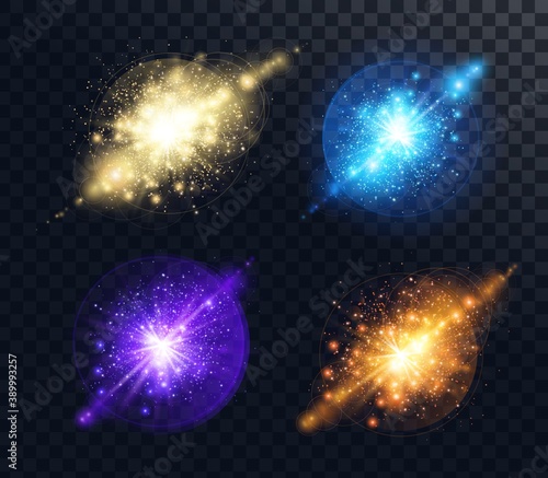 Colored flashes and explosions with sparkes, glow light effect on transparent background, vector illustration