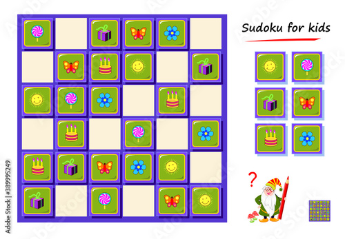 Sudoku for kids. Logic puzzle game for children and adults. Play online. Memory training exercises for seniors.  Printable page for brain teaser book. IQ test.