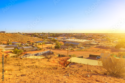 Town lookout: aerial view of Coober Pedy in Australia. Located in desert with of South Australia of Australian outback. Opal Capital of the World.