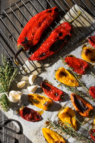 Roasted pointed red peppers with garlic and thyme spices