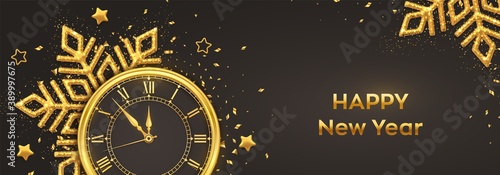 Happy New Year 2021. Golden shiny watch with Roman numeral and countdown midnight, eve for New Year. Background with shining snowflakes and stars. Merry Christmas. Xmas holiday. Vector illustration.