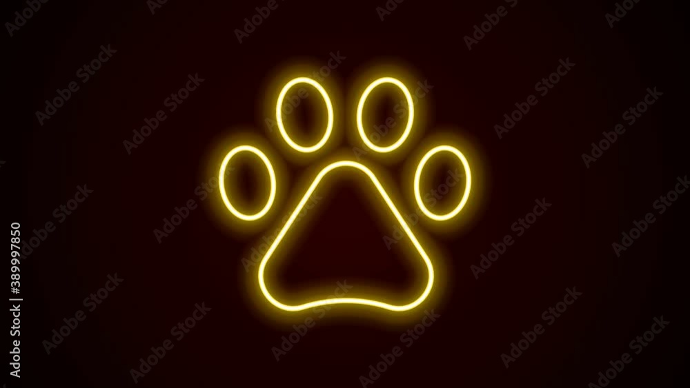 Glowing neon line Paw print icon isolated on black background. Dog or cat paw print. Animal track. 4K Video motion graphic animation Glowing neon line Paw print icon isolated on black background. Dog or cat paw print. Animal track. 4K Video motion graphic animation