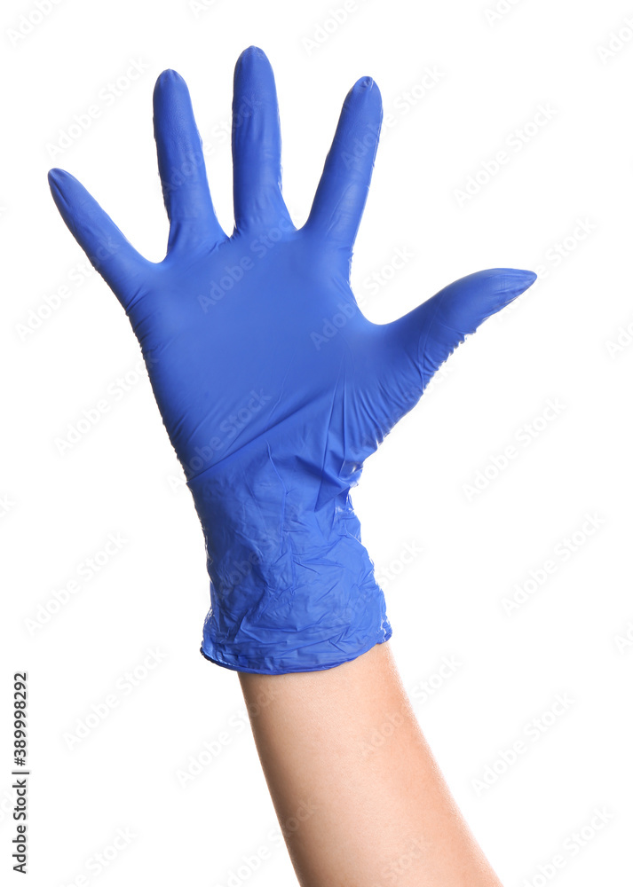 Woman in blue latex gloves showing five fingers on white background, closeup of hand Woman in blue latex gloves showing five fingers on white background, closeup of hand