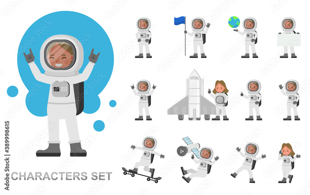 Set of Astronaut girl kid people working character vector design. Presentation in various action with emotions, running, standing and walking.