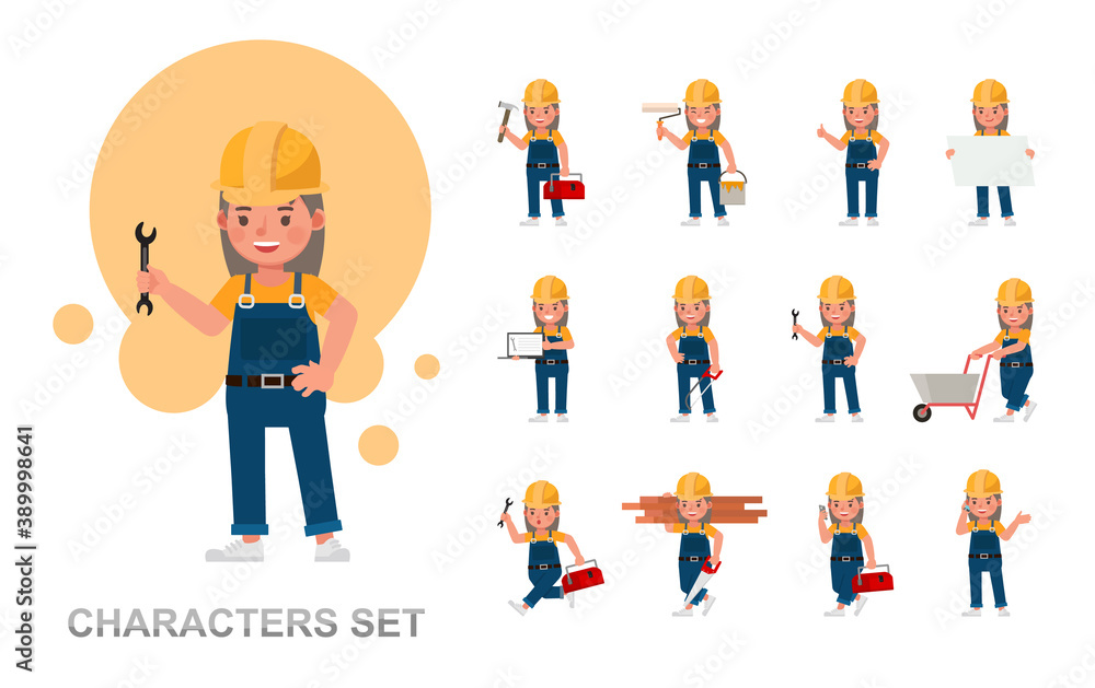 Set of Builder girl kid working character vector design. Presentation in various action with emotions, running, standing and walking.