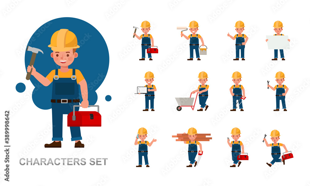 Fototapeta premium Set of Builder kid boy working character vector design. Presentation in various action with emotions, running, standing and walking.