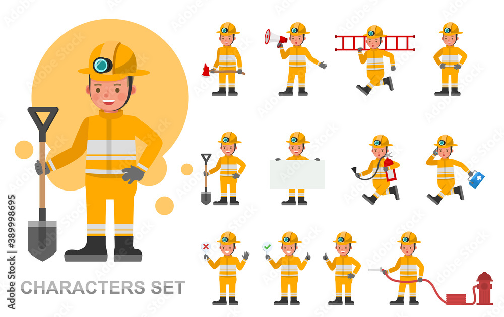Set of Firefighter kid boy character vector design. Presentation in various action with emotions, running, standing and walking. Set of Firefighter kid boy character vector design. Presentation in various action with emotions, running, standing and walking.