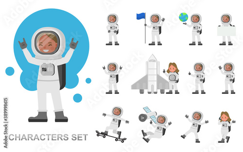 Set of Astronaut girl kid people working character vector design. Presentation in various action with emotions, running, standing and walking.