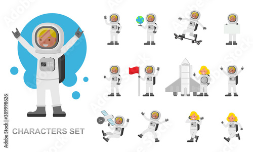 Set of Astronaut kid boy working character vector design. Presentation in various action with emotions, running, standing and walking.