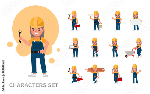 Set of Builder girl kid working character vector design. Presentation in various action with emotions  running  standing and walking.