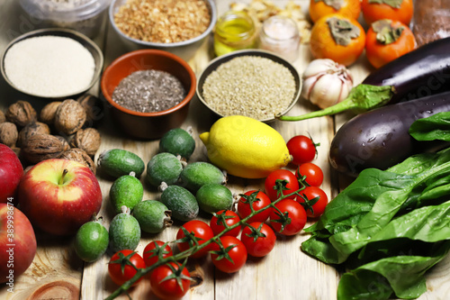 A set of useful foods for diet nutrition. Superfoods  fruits  vegetables  seeds. DASH diet. Vegan diet foods.