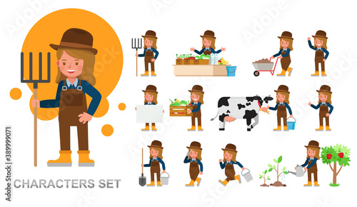 Set of girl kid farmer character vector design. Presentation in various action with emotions, running, standing and walking.