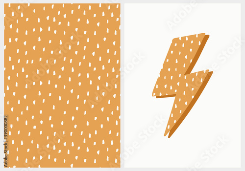 Scandinavian Style Kids Room Decoration. Cute Hand Drawn Lightning Bolt Illustration and Simple Abstract Seamless Pattern. Vector Set Ideal for Card, Invitation, Poster, Textile, Wrapping Paper.