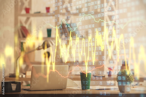 Double exposure of stock market graph drawing and office interior background. Concept of financial analysis.