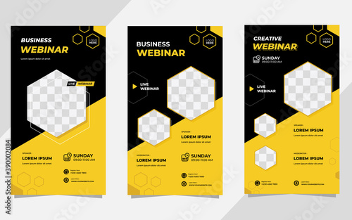 Set of Geometric social media stories post template with black and yellow background, for business webinar, digital marketing, online education, etc