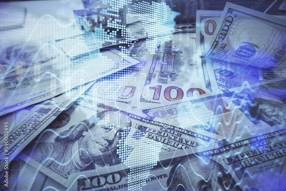 Multi exposure of forex chart drawing over us dollars bill background. Concept of financial success markets.