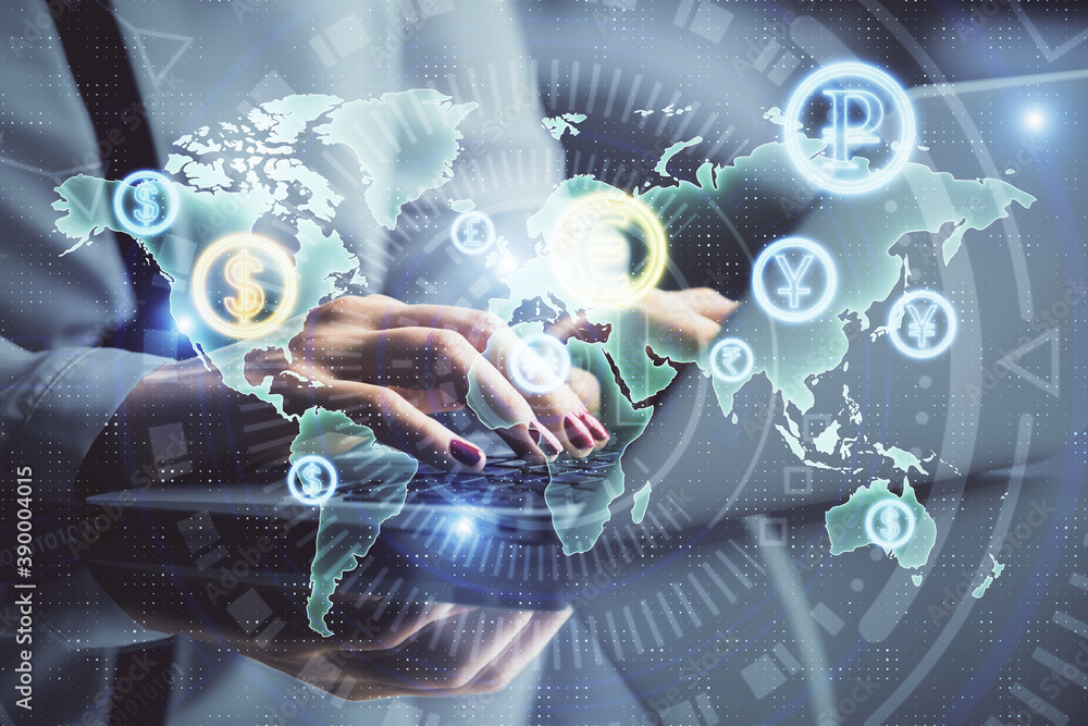 Double exposure of businesswoman hands typing on computer and financial graph hologram drawing. Stock market analysis concept. Double exposure of businesswoman hands typing on computer and financial graph hologram drawing. Stock market analysis concept.