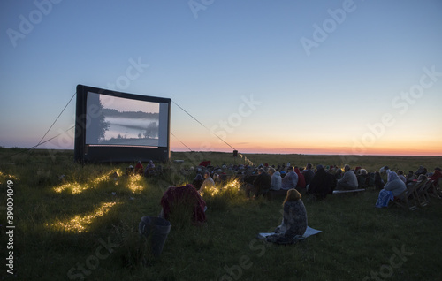 HAADEMEESTE, PARNU COUN, ESTONIA - Jul 17, 2020: Open air cinema event on the summer coastal sunset location