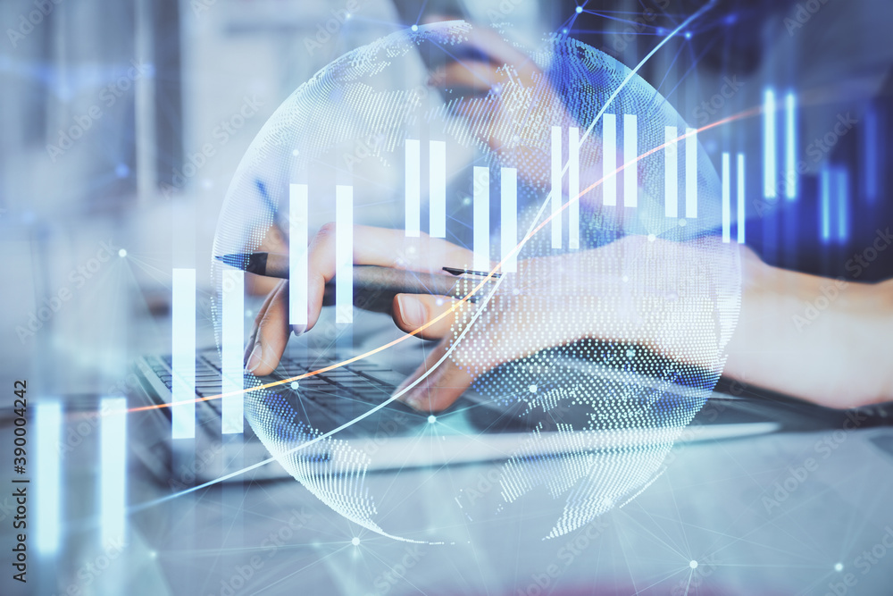 Multi exposure of woman hands typing on computer and financial graph hologram drawing. Stock market analysis concept. Multi exposure of woman hands typing on computer and financial graph hologram drawing. Stock market analysis concept.