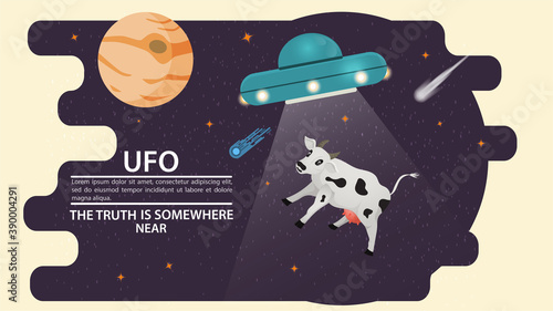 Flying saucer UFO kidnaps an animal cow with a beam of light on the background of planets flat vector drawing for design design