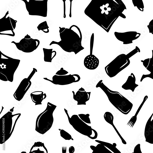 Kitchen utensils seamless pattern monochrome. Vector illustration