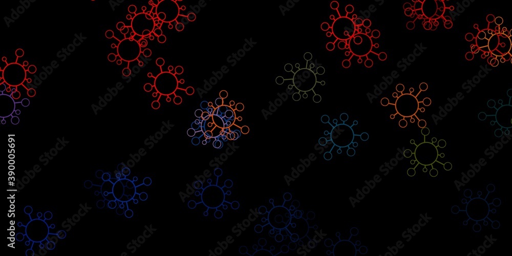 Dark blue, yellow vector background with covid-19 symbols. Dark blue, yellow vector background with covid-19 symbols.