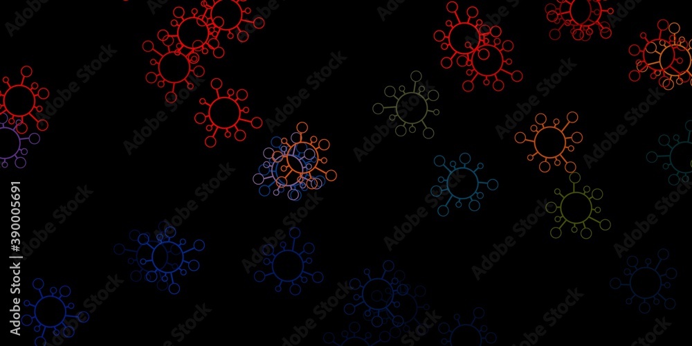 Dark blue, yellow vector background with covid-19 symbols.