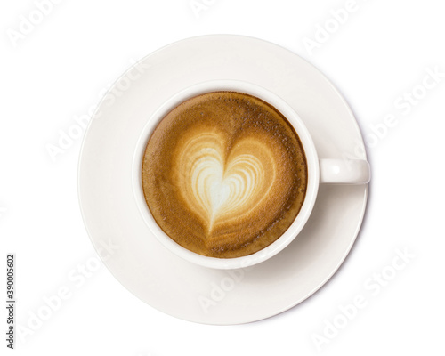 coffee cup with heart sign, top view isolated on white background, with clipping path.