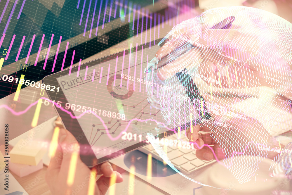 Double exposure of man's hands holding and using a phone and financial chart drawing. Market analysis concept. Double exposure of man's hands holding and using a phone and financial chart drawing. Market analysis concept.