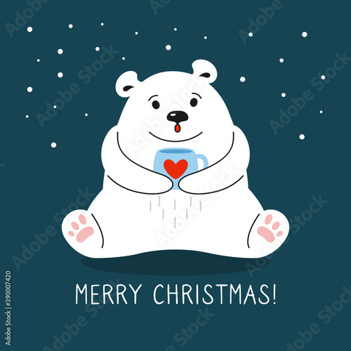 Cartoon polar bear with cup of tea. Greeting Christmas card. New Year animal mammals. Hand drawn doodle winter bear. Funny animals cute vector celebrate