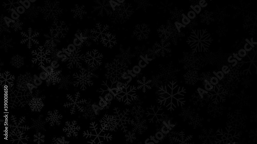 Christmas background of snowflakes of different shapes  sizes and transparency in black and gray colors