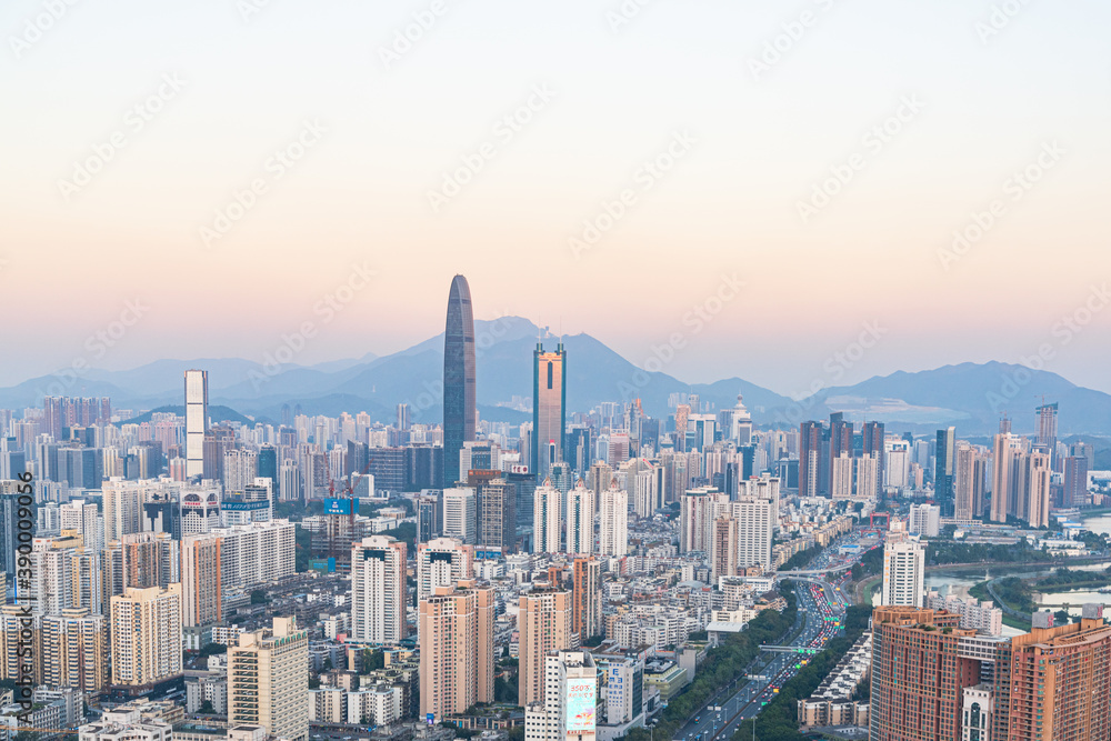 Fototapeta premium The high-rise skyline scenery of Luohu and Nanshan in the evening in Shenzhen, China