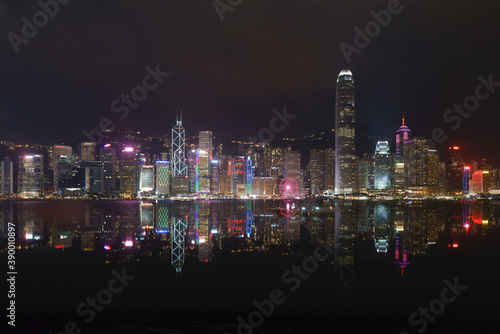 Panoramic night view of the city skyline at Hong Kong Victoria Harbour