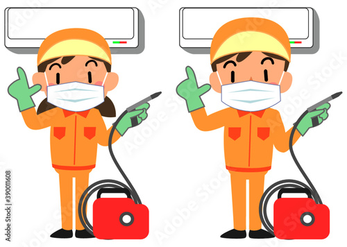 エアコンクリーニングをする清掃業者の男女
